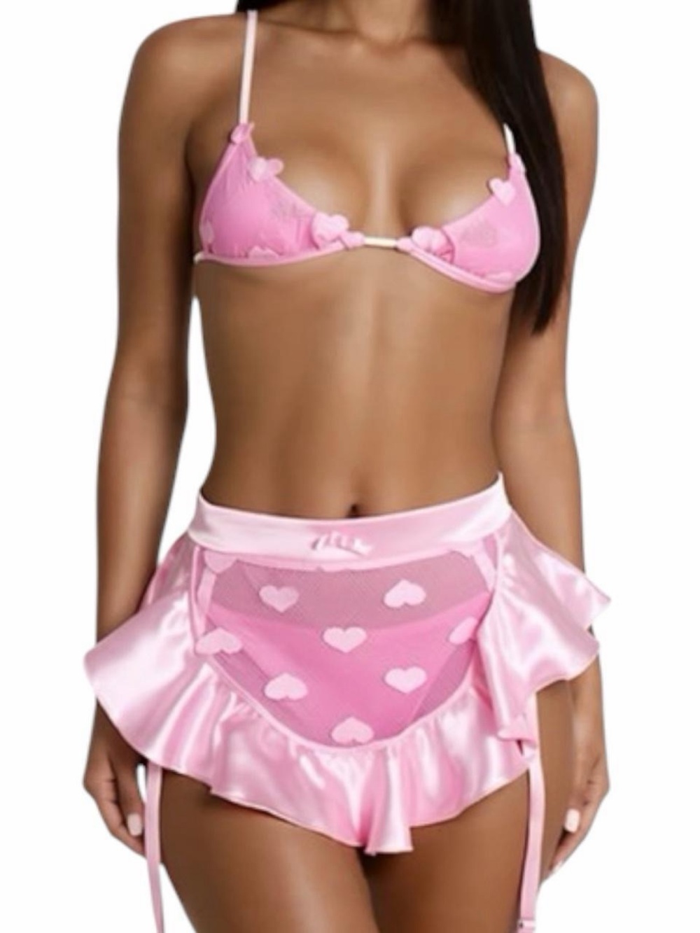 GrlFriday Shop Pink Heart Mesh Apron Garter Belt